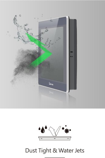 Industrial HMI panel resistant to dust and water jets