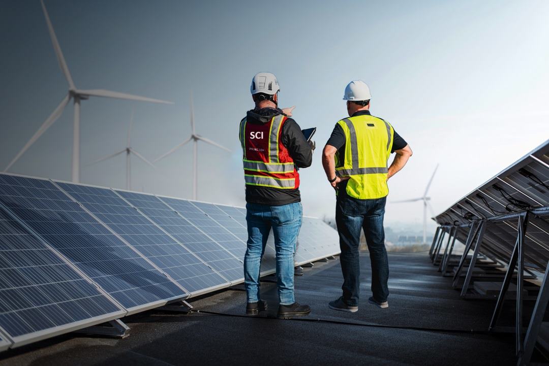 Workers maintaining solar power modules