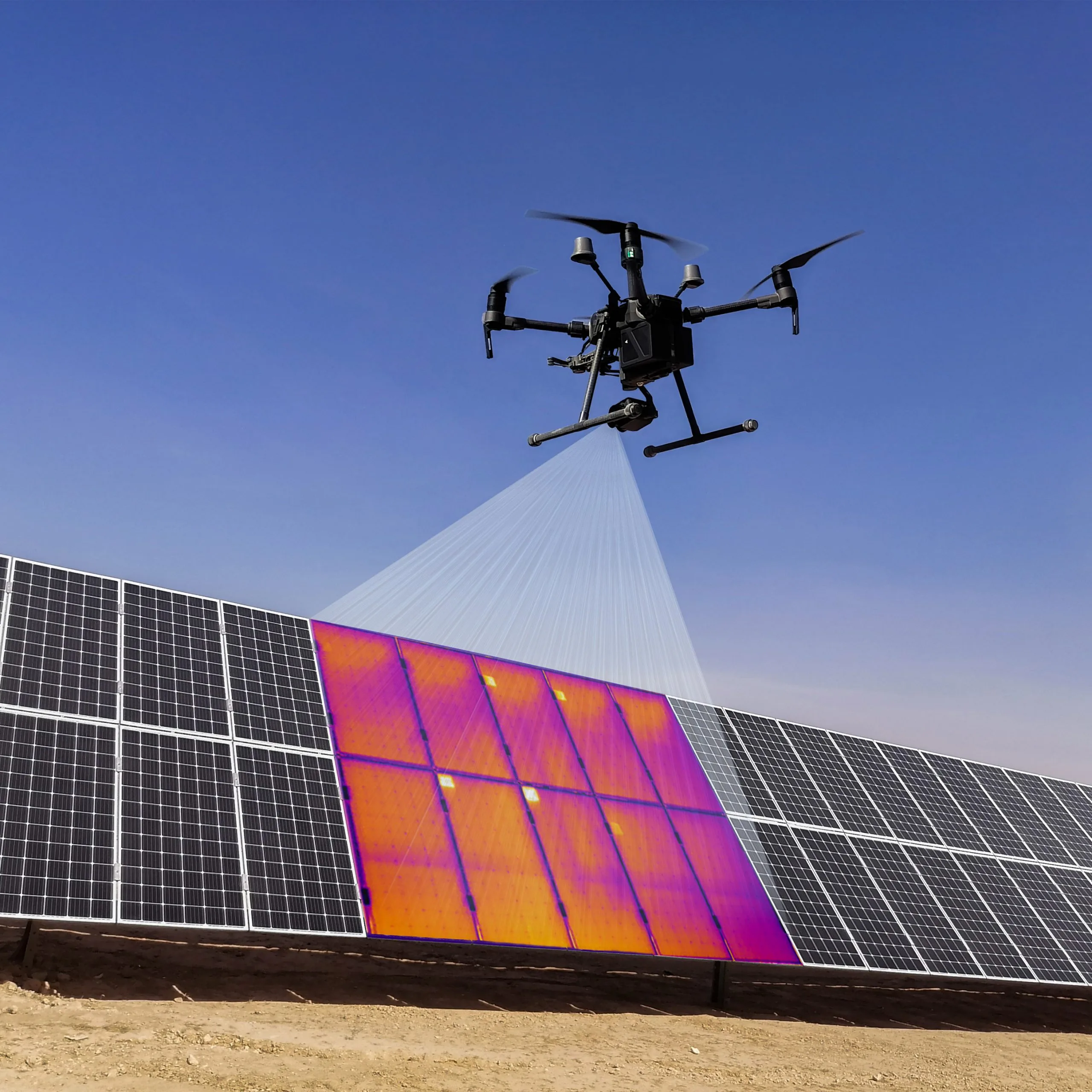 Infrared drone inspecting solar panels